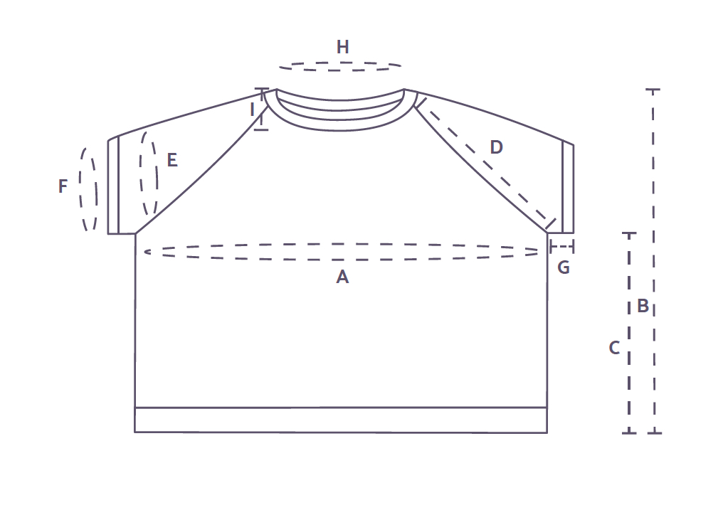 Schemazeichnung eines kurzärmeligen Pullovers, mit Buchstaben beschriftet für verschiedene Maße