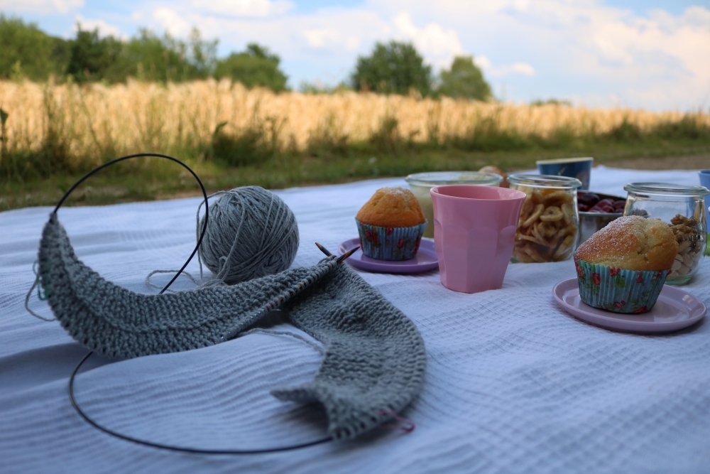 Knitting and muffins and coffee mugs on a picnic blanket in front of a wheat field