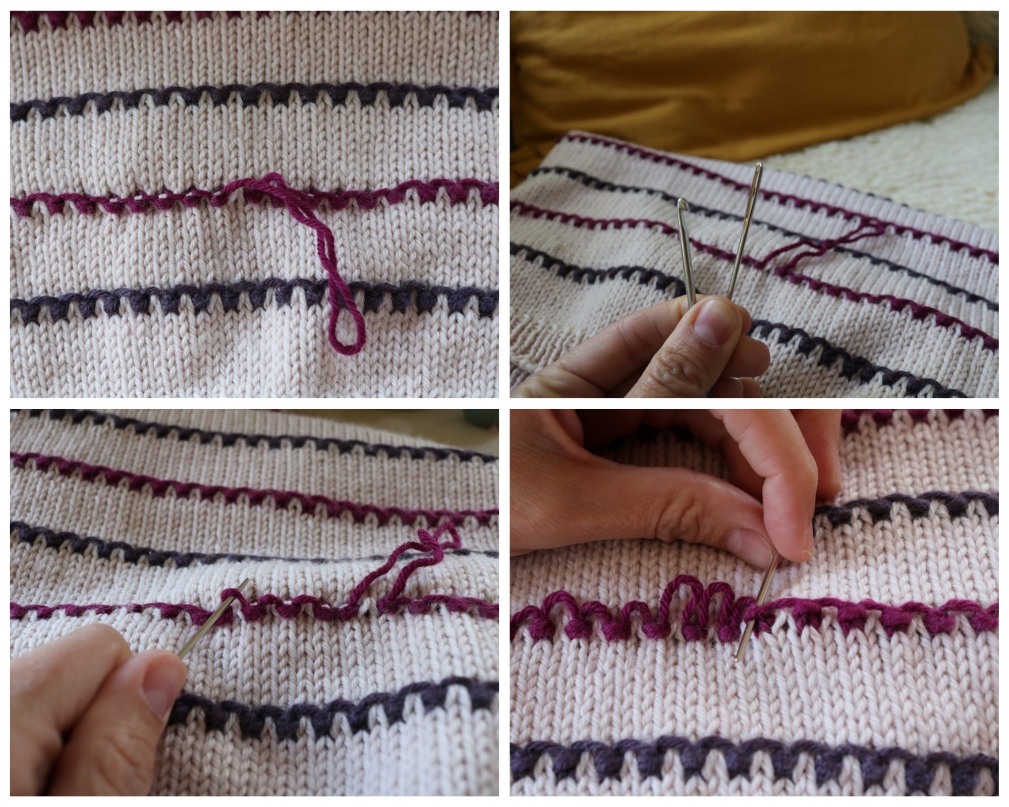 Collage of four picutres: A pulled thread is distributed evenly again