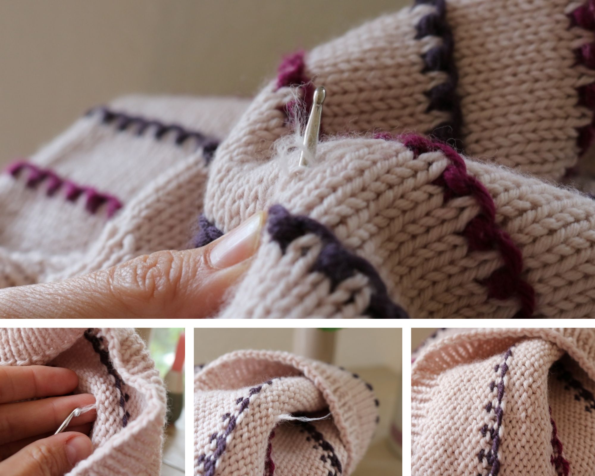 Collage of four picutres: A pulled thread is pulled through to the wrong side of the sweater with a crochet hook