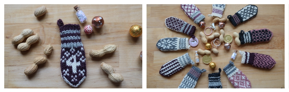 Collage with two pictures: a knitted colour-work mini mitten with a 4 surrounded by nuts and sweets. Next to it: several different-coloured mini mittens in a circle