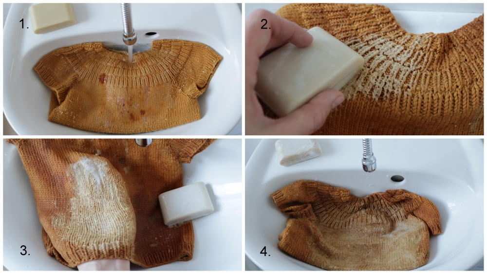 Woolen pullover soaked in water in the washbasin and rubbed with bile soap