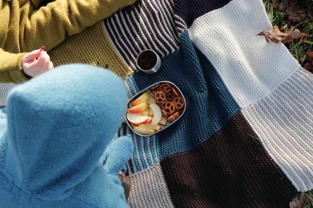 Children viewed from above on colourful picnic blanket with salted pretzels